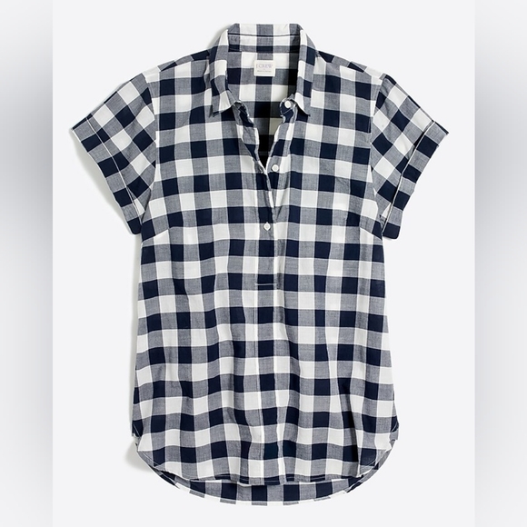 J Crew | Gingham Popover Cotton Blouse Navy & White Small Medium G3541 - Picture 1 of 9